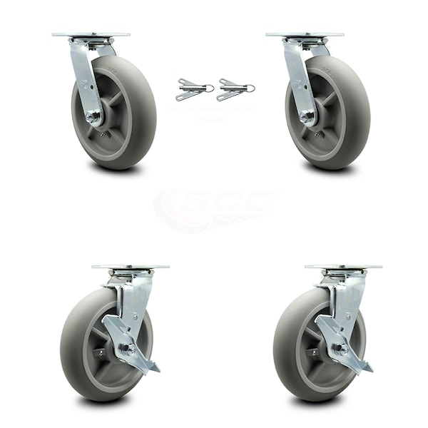 Service Caster 8 Inch Thermoplastic Rubber Caster Set with Roller Bearing 2 Swivel Lock 2 Brake SCC-30CS820-TPRRD-BSL-2-TLB-2 - main